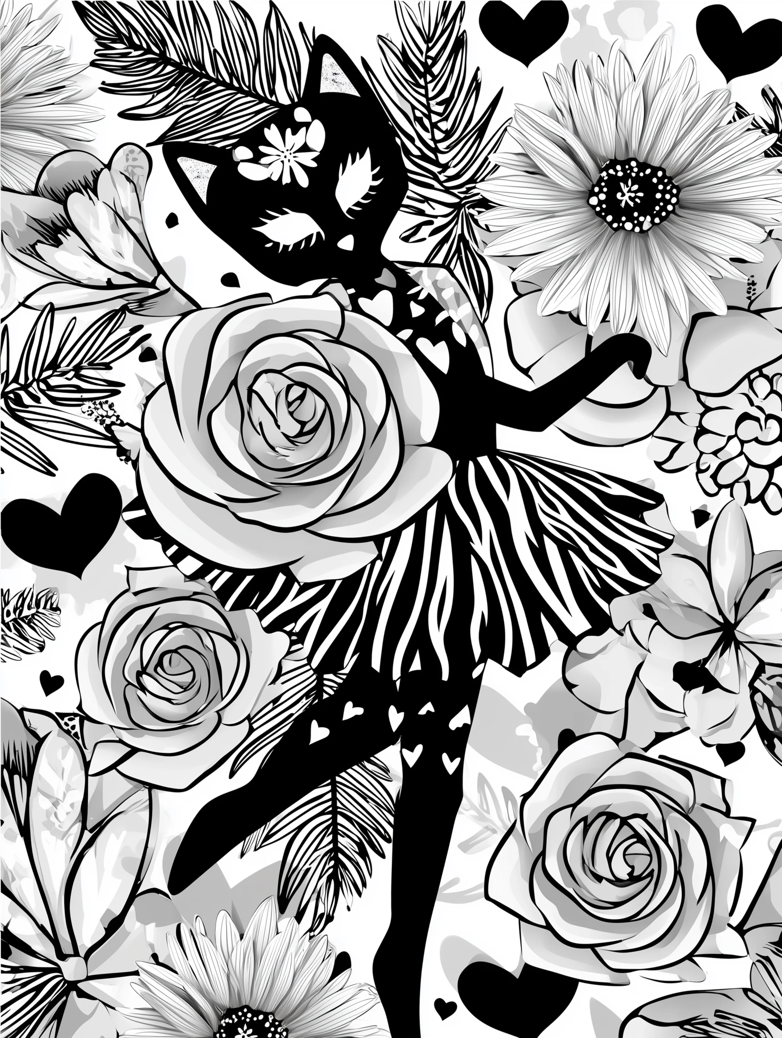 Free printable cats coloring page featuring a black cat dancing while wearing a skirt